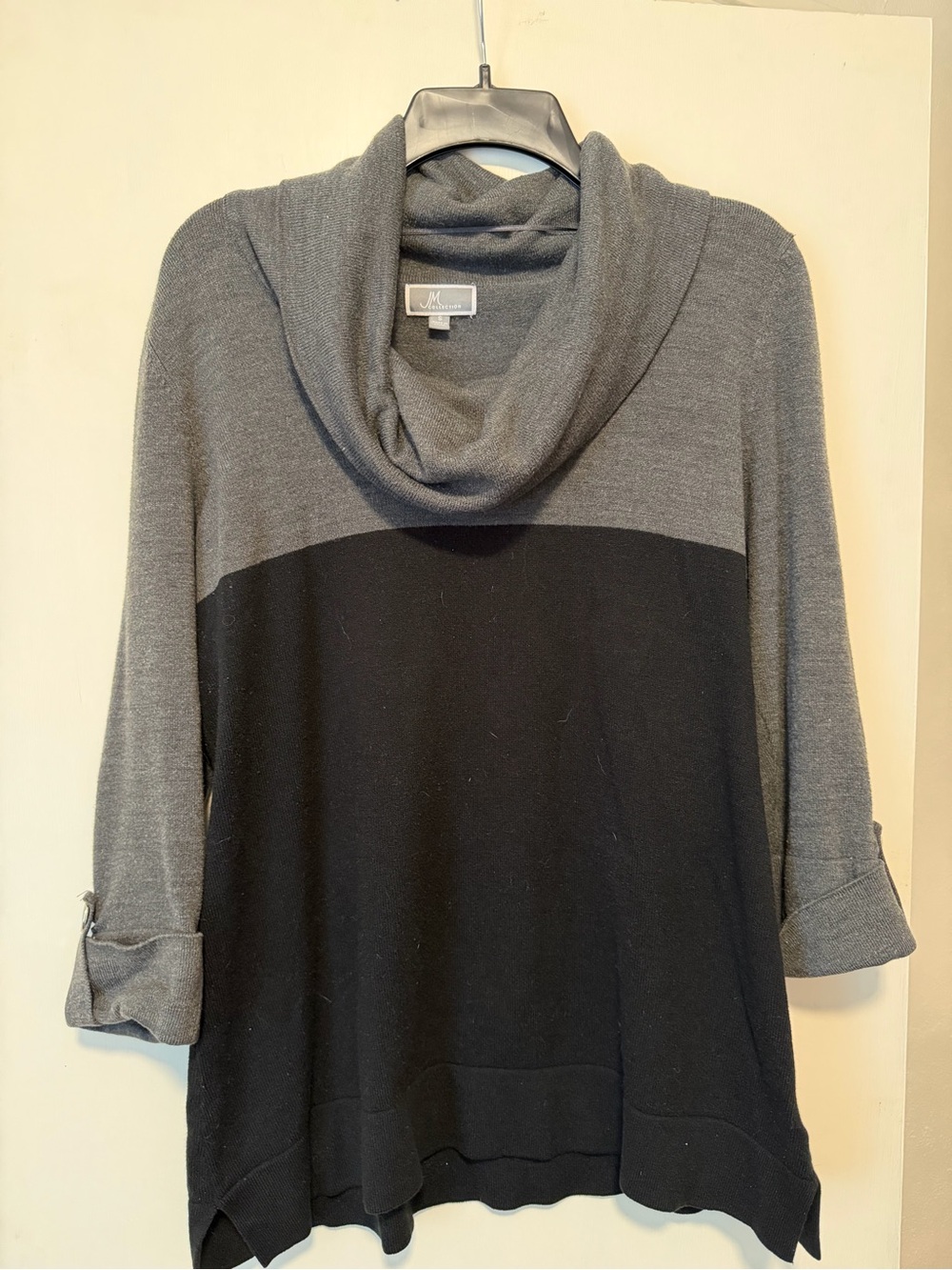 JM Collection Two-Tone Cowl Neck Sweater in Gray and Black